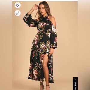 Blooming Beautifully Black Floral Satin Cold-Shoulder Midi Dress